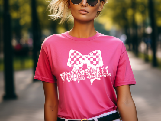 Checkered Coquette Volleyball Bow Tee – Cute & Sporty Game Day Style